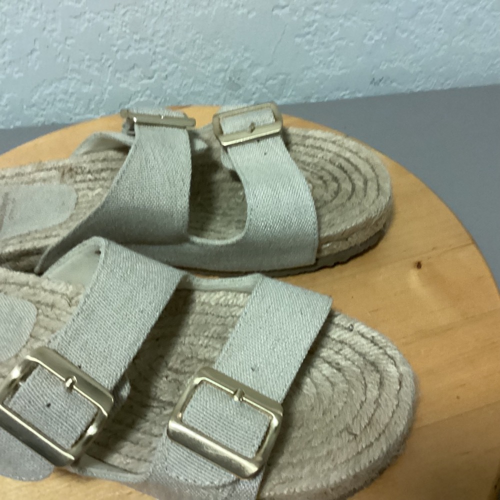 Haute Hippie Canvas Espadrille Flat Sandals Womens 10 Beige Double Buckle Slides - Picture 10 of 11